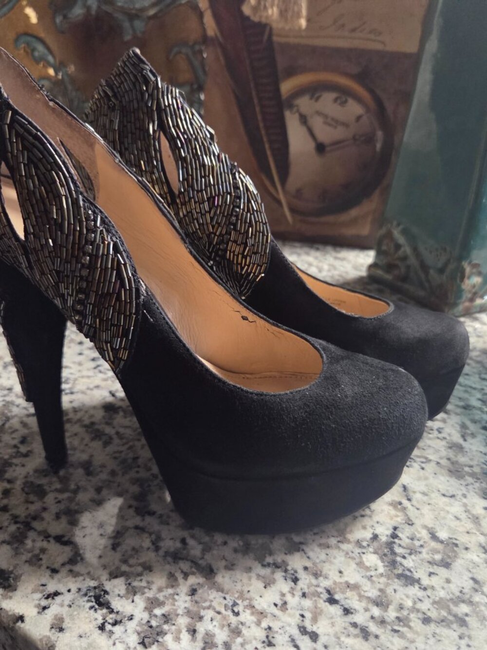 Enzo Angiolini Black Suede Beaded Platform Heels – Size 7.5
